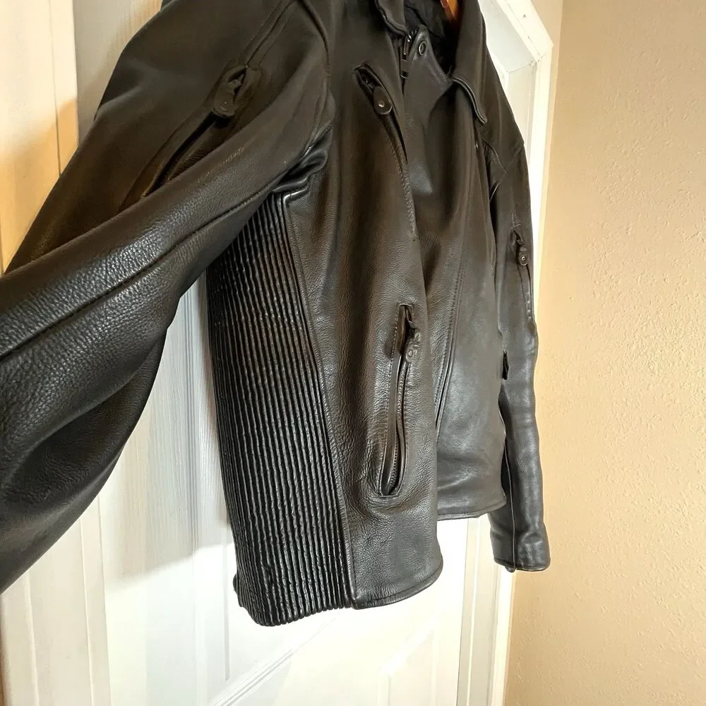 UNIK Premium Mens Heavy Black Leather Motorcycle Jacket Size 48‎ Cross Zip Liner